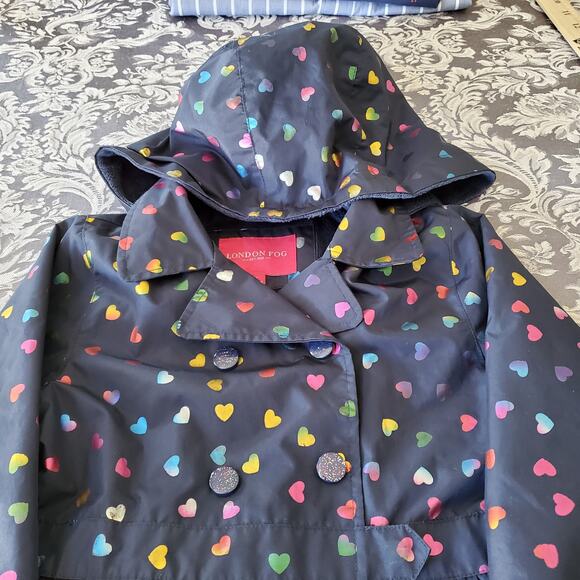 London Fog Girls 6X Rainbow Heart Hooded Rain Coat Jacket Fleece Lined Navy - Picture 4 of 9